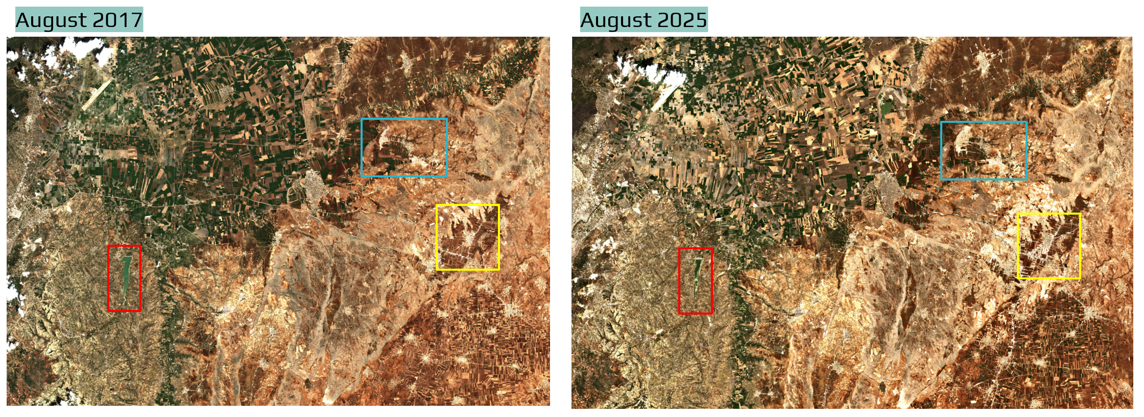 Sentinel-2 imagery of the same Atamah, Syria area, August 2017 vs August 2025