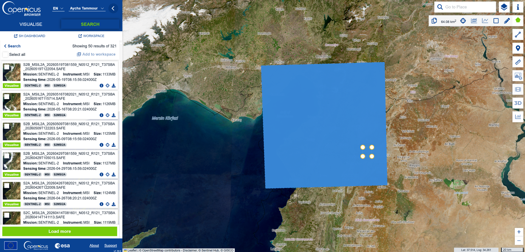 Sentinel-2 browser screenshot of the search interface